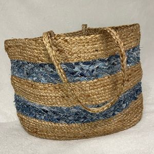 Women's Striped Weaved Jute Beach Tote Bag with Double Handle
